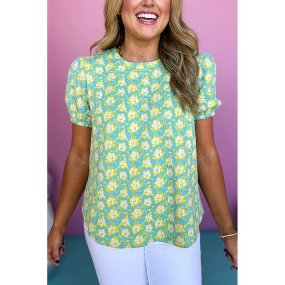 Floral Puff Sleeve Blouse With Blue & Yellow Pattern By Voy Size M - Picture 1 of 13